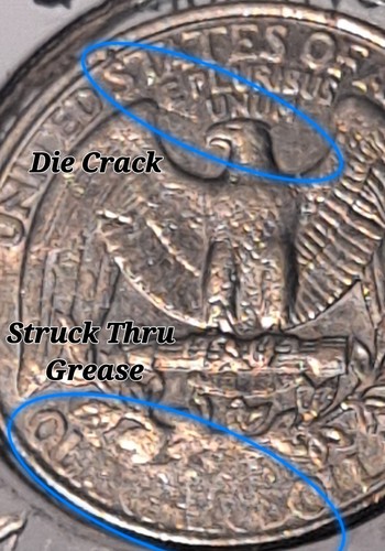 1996 P Washington Quarter 25c w/ Die Crack & Struck Thru Grease /2 Mint Errors!