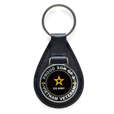 Proud Son Of A Vietnam Veteran Black Leather Keychain Silver Keyring Military