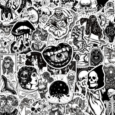 10pcs Gothic Black and White Stickers Death Skulls Dark Magic Scary Vinyl Decals