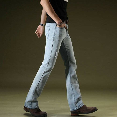Uomo Jeans Strappati Pantaloni Svasato Bootcut Affliggere Bell Fondo | eBay