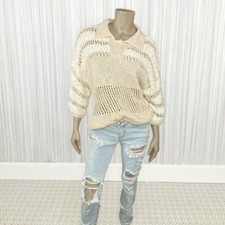 Vintage CAROLE LITTLE Medium Hand Knit Collared Cream Top Summer Casual