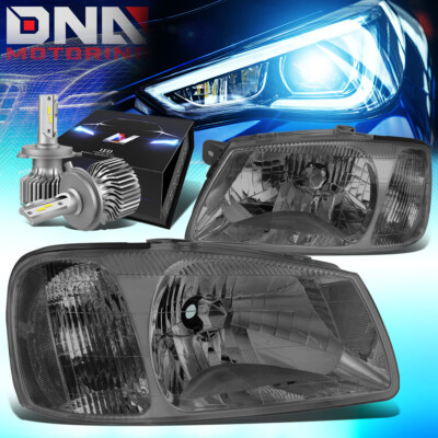 FOR 2000-2002 ACCENT OE STYLE HEADLIGHT LAMPS W/LED KIT+COOL FAN SMOKED/CLEAR