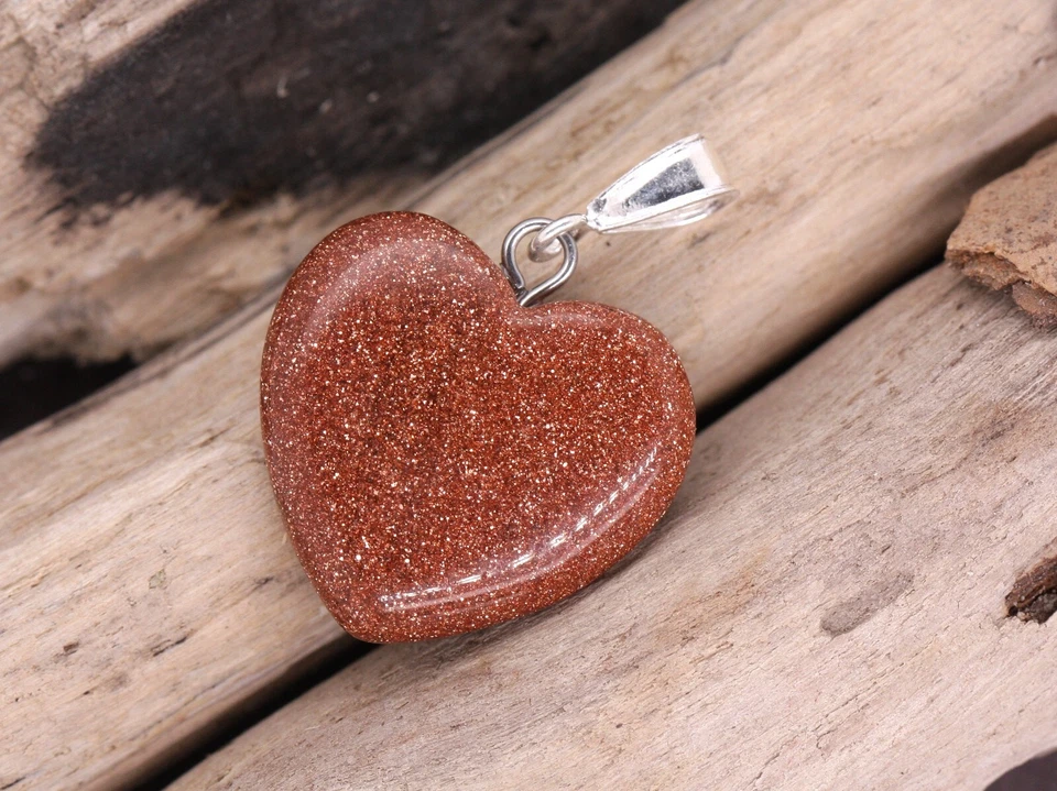 Plata de Ley Purpurina Oro Piedra Aventurina 16mm Corazón Amor Cadena y Colgante - Imagen 2 de 4