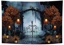 Durable Fabric Halloween Backdrop 8x6ft Horror Cemetery Iron Gate Scary Hallo...