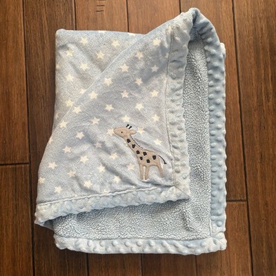 Carter's Blue Giraffe Baby Blanket White Stars Sherpa Back Minky Dot Trim