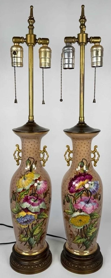 Par de lámparas jarrón antiguas francesas Vieux antiguas París Luis XVI porcelana pintada bronce Foto 2 de 4