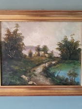 Dipinto olio su tela, paesaggio con casolare,Quadro Stile Antico XX