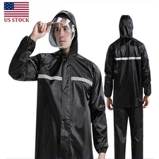 Mens Rain Suits Black Safety Jacket Raincoat Hooded Waterproof Fishing Pants