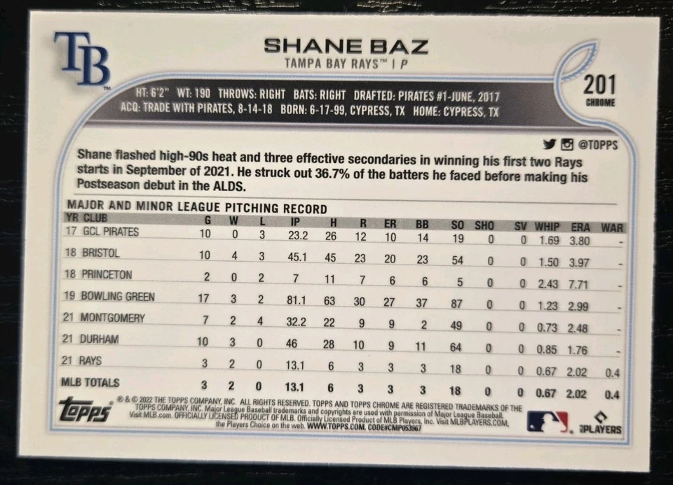 Shane Baz 2022 Topps Chrome Refractor #201 RC Rays Rookie - Image 2 of 2