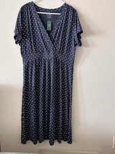 LL Bean Navy White Polka Dot Midi Dress XL Rayon Blend Stretch NWT
