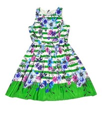 Eliza J Green Women Floral Fit and Flare Striped Dress Sz 8 Sleeveless w/Pockets