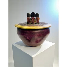 Signed NC Studio Pottery-Lidded Jar-3 Figures-Black Agate Finial-Art-Stoneware