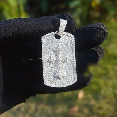 3 Ct VVS1 Natural Moissanite Cross Dog Tag Pendant 14K White Gold Plated Silver