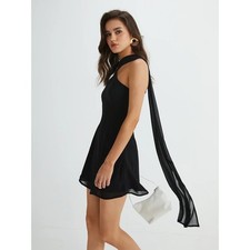 Commense Chic Sleeveless Halter Mini Dress Chiffon Tie Party Cocktail Event L