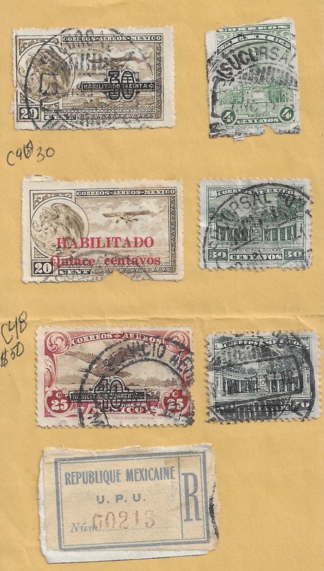 Mexico 1932 SC C46, 30 Centavo Surch on C13, & more stamps on piece, Lot #581