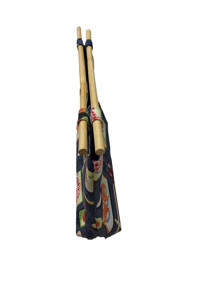 Vintage Asian/Sushi Print Fabric Bag Purse w/ Bamboo Chopstick Look Handles - Image 3 of 4