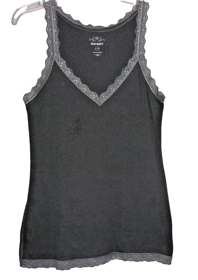 Old Navy womens tank top L gray rib knit with lace trim Y2K stretch V-neck cami