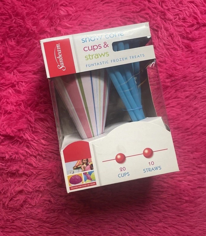 Sunbeam Snow Cone Cups & Straws For Ice Shaver 20 Ct Shaved Ice Party Supply New