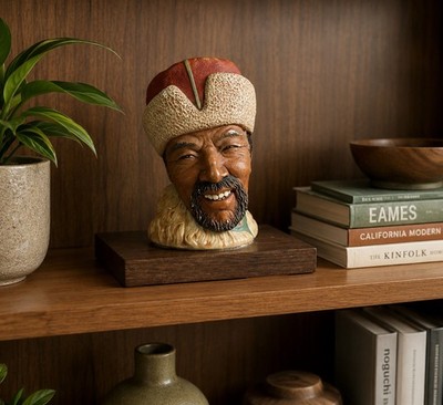 Bossons Chalkware Head Bust Vintage 1960s Himalayan on Wood Base / England