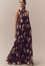 BHLDN Rosie Mock Neck Pleated Chiffon Maxi Dress Fairy Whimsical Floral Womens S