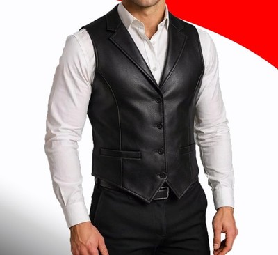 Men's Black Leather Biker Vest Buttoned Waistcoat Summer Gilet Jacket