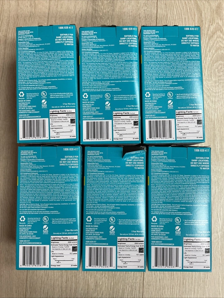 (6) Ecosmart 150W LED Light Bulb A23 Dimmable Bright White Shop Garage Porch Flo - Image 2 of 2