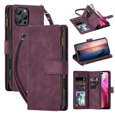 Zip Wallet Case Leather Flip Cover For iPhone 16 16e 15 14 13 12 11 Pro Max XR