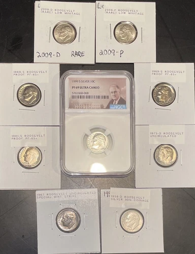 Lot Of (9) U.S. 90% Silver, Uncirculated, Proof & Special Strike Roosevelt Dimes