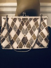 vtg prom clutch diamond white brown gray beads shoulder Evening handbag