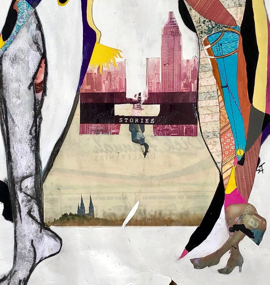 NEW HEAD Black Yellow White Blue Abstract Figure Person Collage Painting - Image 4 of 4