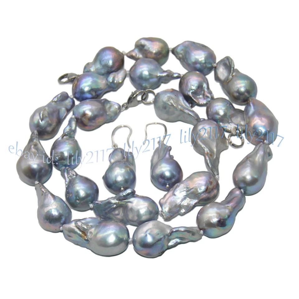 Огромный 20-25 мм натуральное серебро серый барокко жемчуг ожерелье браслет серьги комплект - Изображение 2 из 4