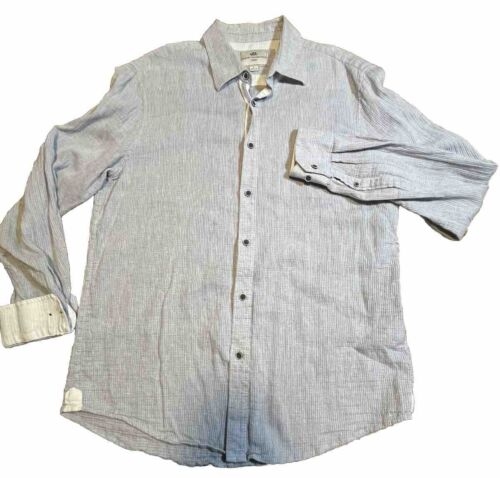 Report Collection Resort Shirt Men's Large Blue 100% Linen Resort Flip Cuff