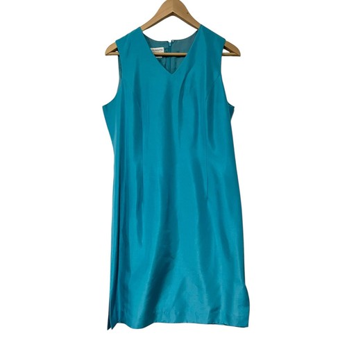 Liz Claiborne Vintage Silk Dress 10 Petite Blue Green Sleeveless Sheath V-Neck