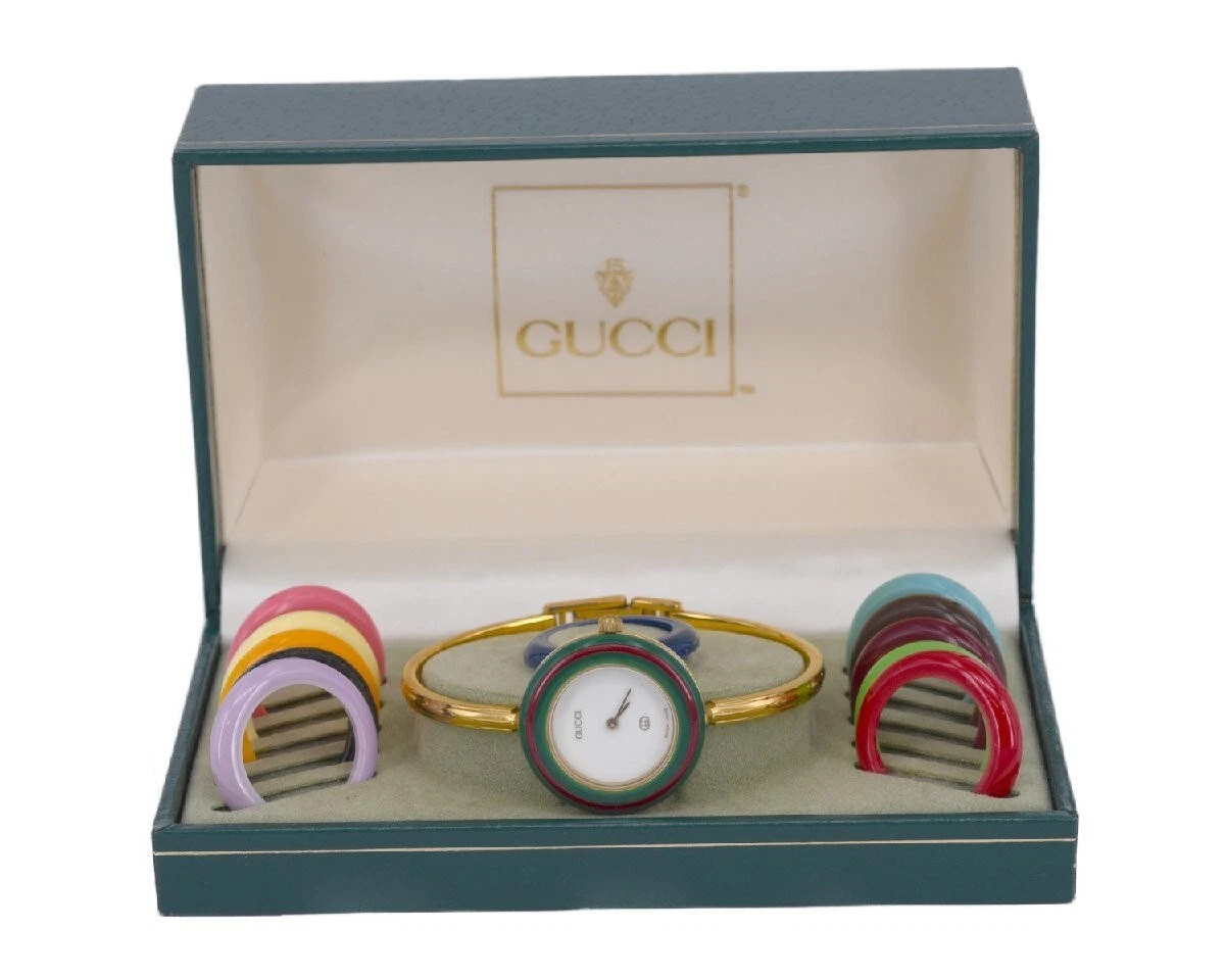 Gucci Change Bezel 1100-L Gold Plated QZ White Dial Change Bezel 12 Green  Box