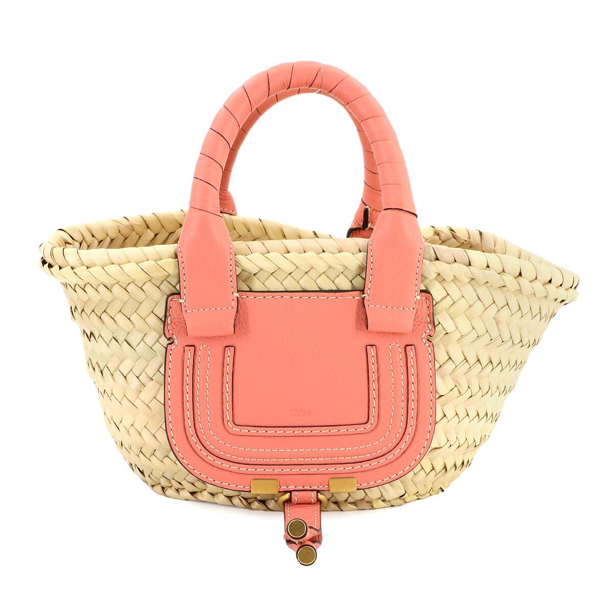 Chloe Marcie Mini Basket Hand Bag Raffia Leather Beige Pink