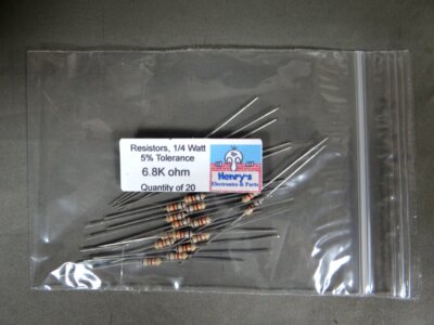 Resistors, carbon film, 1/4 watt, 5%, axial leaded, 6800 Ohm - 6.8 K - QTY of 20