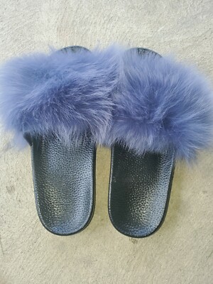 navy blue fox fur slides
