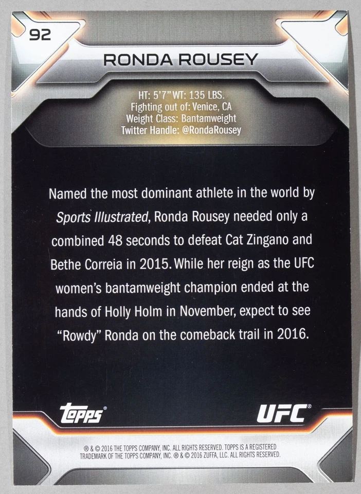 Tarjeta dorada Ronda Rousey 2016 Topps UFC Knockout 5x7 #92 #/d 4/10 WWE StrikeForce Foto 4 de 4