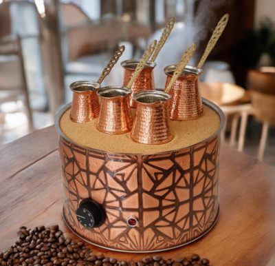 Bazaar Of Anatolia Copper Turkish Sand Coffee Maker With 5 Copper Coffee Pots