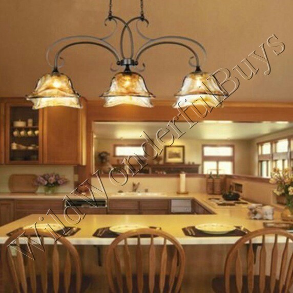 French Country Bronze Amber Art Glass Kitchen Island Light