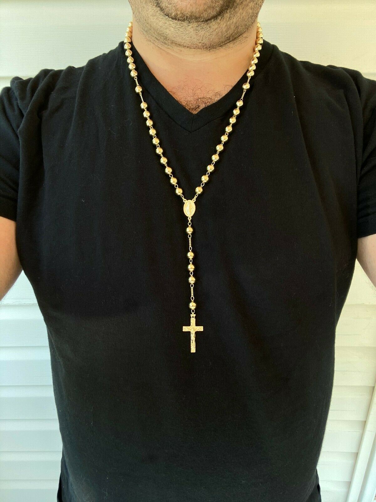 14k Gold Plated Solid 925 Silver Men's Rosary Beads Necklace Rosario ...