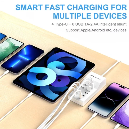 Multi 10 Port USB C Charger Station Wall Type C Fast Charging Adapter USB Hub - Picture 6 of 12