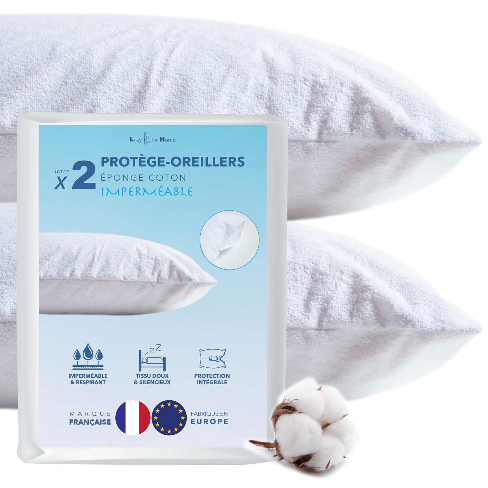 Protège-oreiller 65x65 imperméable contre les taches de transpiration lot de 2