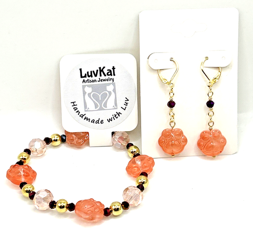 2pc Set: 7.5" Peach &amp; Pink Dog/Cat Glass Paw Print Stretch Bracelet ...