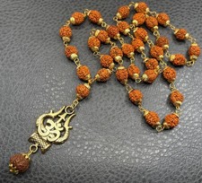 Rudraksha Seed Bead Mala Necklace Om Pendant Prayer Shiva Boho Gold Tone