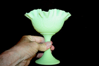 Fenton Lime Green Uranium satin Glass Ruffled Compote Embossed Persian medallion