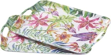 2Pack Blue Floral Melamine Serving Trays 16.5x11.5in Lightweight with Handles