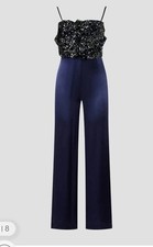 Badgley Mischka Blue Satin Rose Sequin Jumpsuit Size 4