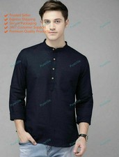 Mens Kurta Traditional Top Shirt Solid Mens Wear Cotton Short Black Kurta