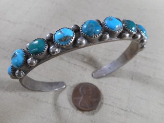 FRED HARVEY era Navajo INGOT silver 10 stone NATURAL turquoise bracelet
